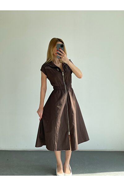 Friday Mood Zippered Shirt Collar Waist Gathered Dress