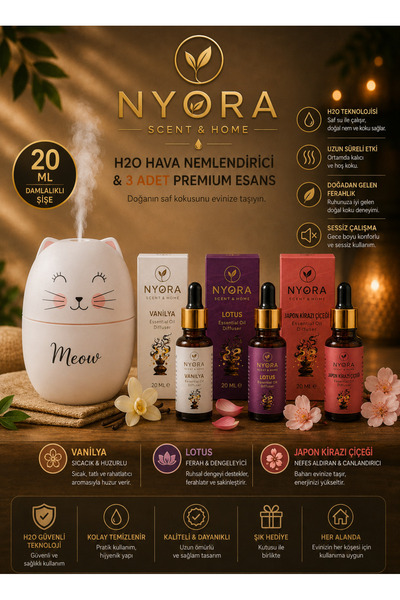 NYORA Meow Temalı H2O Hava Nemlendirici Cihaz Lotus Japon Kirazı Çiçeği Ve Vanilya 20 Ml Damlalıklı Aroma Terapi Esansiyel Yağ Ortam Kokusu Hediye Seti
