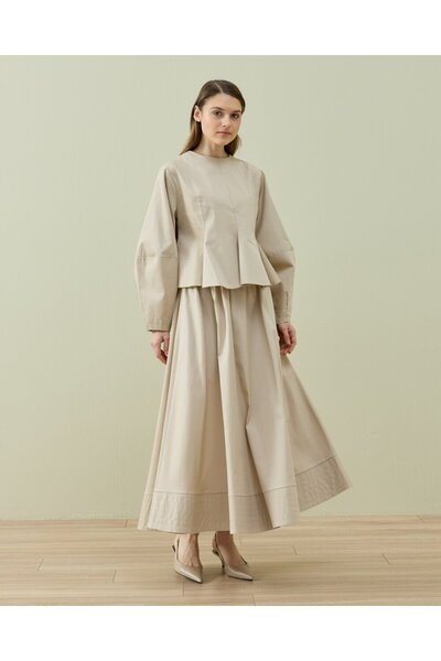 Aybikestil Paper Gabardin Kuplu Volanlı Peplum Kısa Bluz Bej