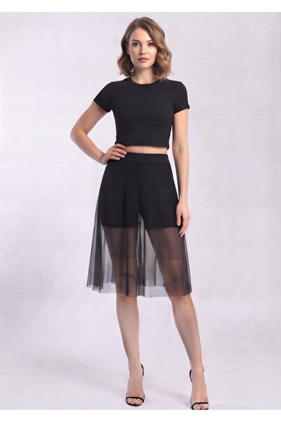 WAYS Women's Black Diver Shorts with Tulle Inside and Flared Skirt on the Out...