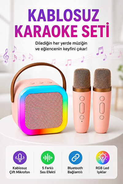 Abbruch Bluetooth Karaoke Hoparlörü Çift Kablosuz Mikrofon 5 Ses Efektli RGB ...