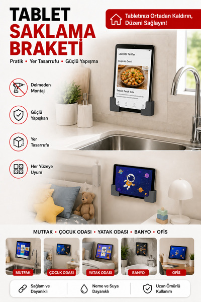 LAVİNGER Tablet Tutucu Braket Çok Amaçlı 2'li Set | Mutfak, Banyo, Ofis ve Ço...