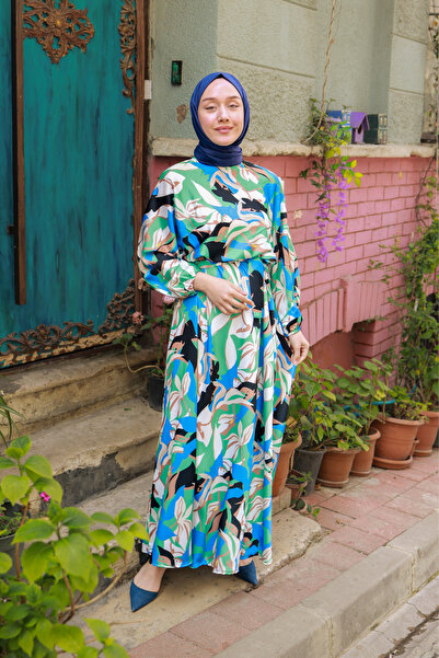 suffemoda Patterned Satin Women's Hijab Dress with Elastic Waistband and Belt...