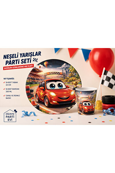 Dizayn Parti Evi Yarış Arabası Temalı Karton Tabak ve Bardak Parti Seti 8 Kiş...