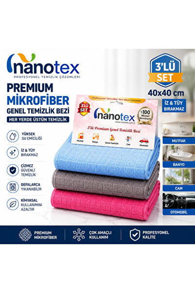 Nanotex ® 3'Lü Premium Mikrofiber Genel Temizlik Bezi 40x40cm I Cam, Mutfak, ...