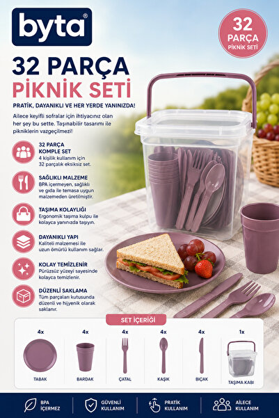 BYTA 32 Parça Piknik Seti – 4 Kişilik Taşıma Kutulu Kamp ve Piknik Yemek Takımı