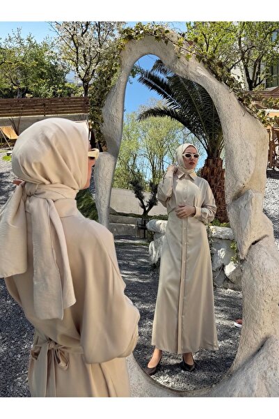 zem moda Kadın Tesettür İpek Saten Elbise Kuşaklı Düğmeli Uzun Kollu Şık Elbise
