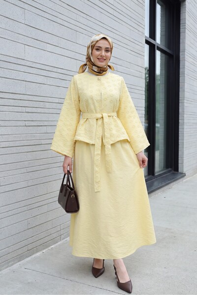 Modamorfo Single Button Belted Skirt with Pockets Embossed Patterned Jacquard...