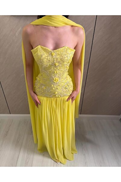 Bamah Luxurious Bi-Color Yellow Evening Gown - Fully Embroidered Corset with ...