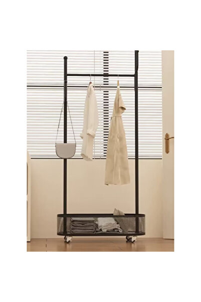 NKX Bedroom Clothes Rack with Laundry Basket – Freestanding Black Coat & Garm...