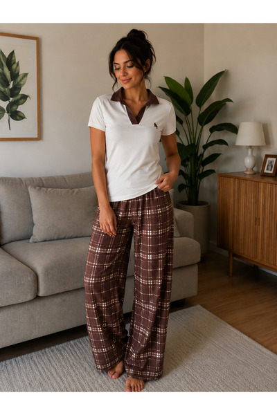 BALİS PİJAMA Women's Polo Collar Plaid Pajama Set Colorful Stylish Comfortabl...