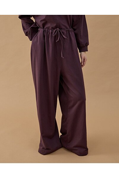 Aybikestil Cotton İki İplik Wide Leg Bol Eşofman Altı Mürdüm