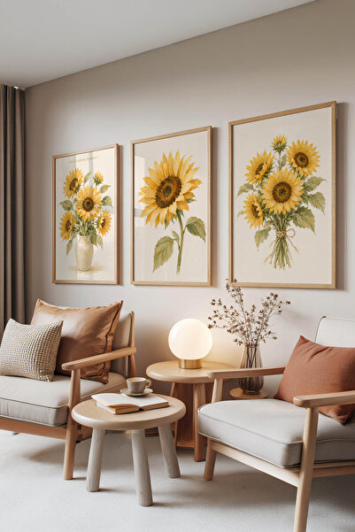 Zestia Set de 3 tablouri cu rame din lemn, buchet de floarea-soarelui fierbin...