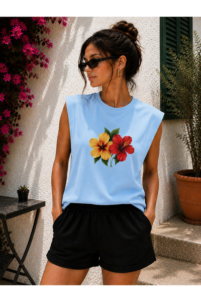 caddekombin Zero Sleeve Floral Printed Cotton Combed Crew Neck T-Shirt