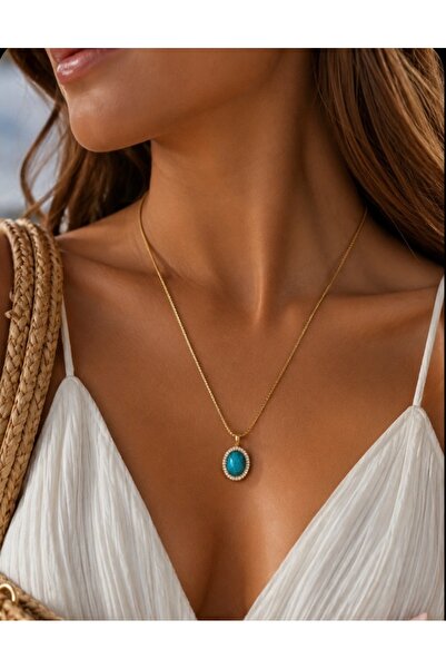 TARZ-I TAKI Women's Turquoise Oval Cut Zircon Turquoise Stone End 45 cm Steel...