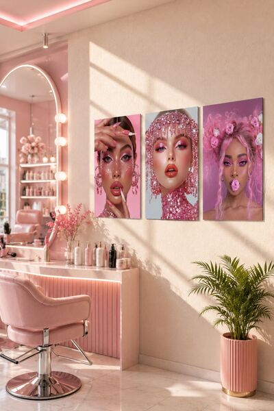 PANDA SOKAĞI Pink Glamour 3'lü Ahşap UV Baskı Tablo Seti 30x42 cm – Çerçevesi...