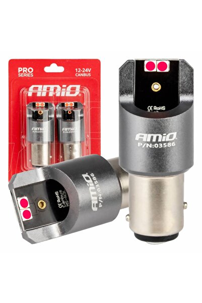 AMIO Becuri auto LED CANBUS PRO BAY15D P21/5W 4x3030 SMD rosii 12/24V, fara e...