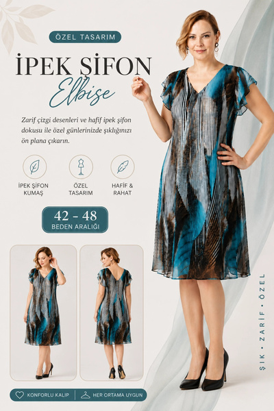 Moda Berray 984 İPEK ŞİFON ÖZEL TASARIM DESEN BASKI ŞIK KLOŞ TURKUAZ ELBİSE