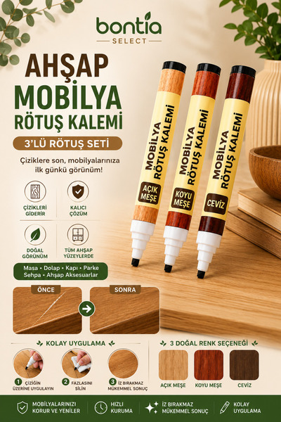 Bontia Ahşap Mobilya Rötuş Kalemi 3'lü Set Çizik Giderici Tamir Kalemi Açık M...