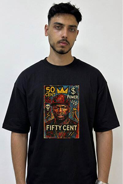Anetos تي شيرت أسود كبير الحجم مطبوع بتصميم 50 Cent_9