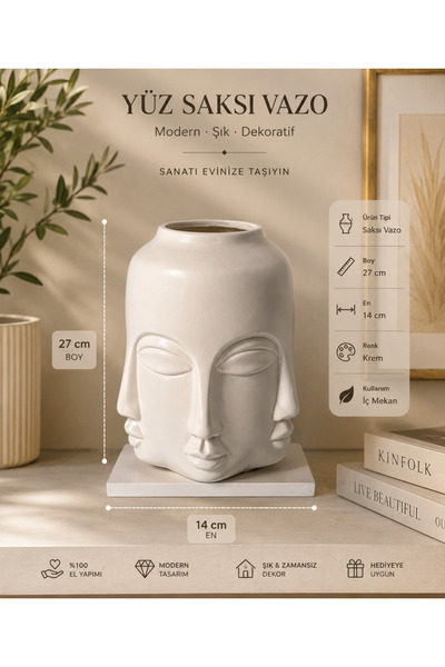 Atak Hediyelik Modern Face Patterned Decorative Flower Pot Vase-Polyester Des...
