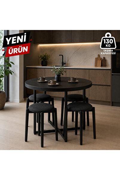 EDMONDA EV AKSESUAR ATLAS YUVARLAK 90 CM PUFLU 4 KİŞİLİK MASA TAKIMI BALKON M...