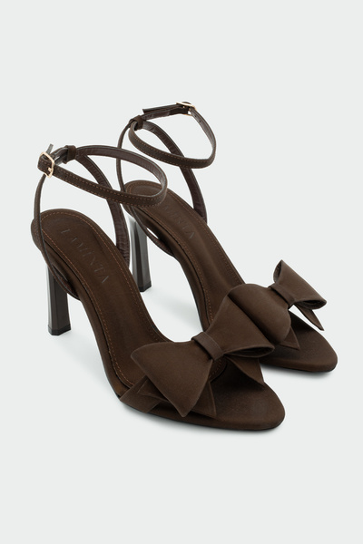 LAMİNTA Wanbi Bow Detailed Women's Bitter Brown Satin Heeled Shoes