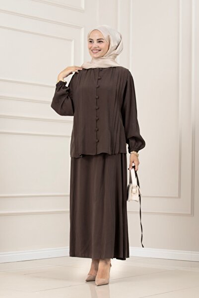 Sevitli Birit Detailed Pleated Lavin Double Set - Brown