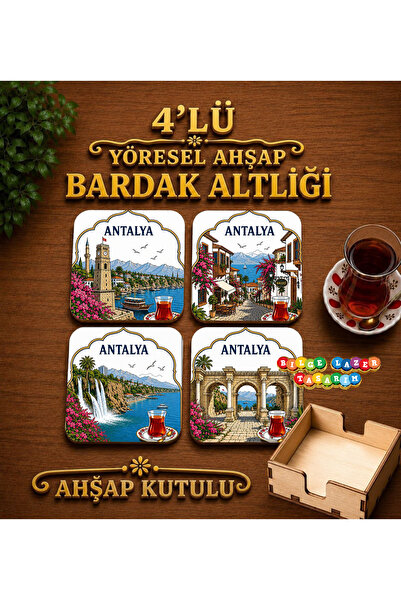 Bilge Lazer Kişiye özel ANTALYA temalı yöresel hediyelik Ahşap Bardak Altlığı...