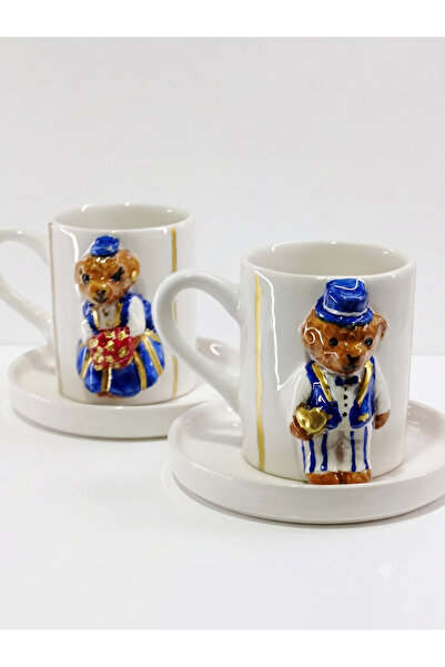 seda seramik Handmade Set of 2 Ceramic Coffee Cups - Gold Gilded Teddy Bear B...