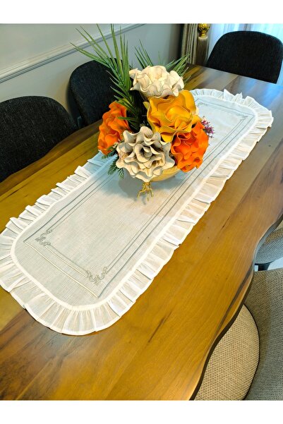 Esin Tasarımçeyizevi Krem Fırfırlı Nakışlı Lüks Runner (14o x 50 cm)