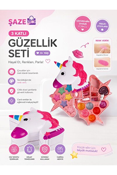 SAZE 3 Katlı Gökkuşağı Atı Figürlü Çocuk Makyaj Güzellik Seti | Renk Veren Fa...