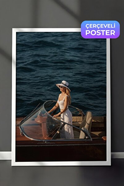 Postifull Woman and Boat Poster, White Framed Poster, Old Money Series, No:11...