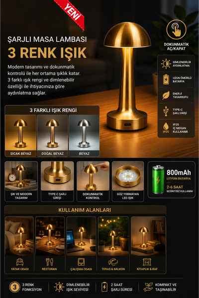 Greenlight Dokunmatik Masa Lambası Gold Şarjlı 3 Renk Ayarlanabilir