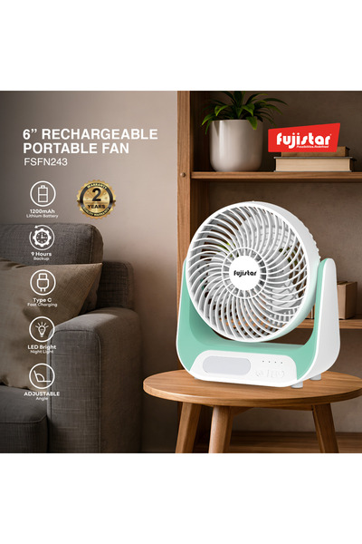 fujistar 6 بوصة قابلة لإعادة الشحن، 6 واط، 6 مصابيح LED، 1200 مللي أمبير، شحن USB 5 فولت، 3 سرعات - رقم الموديل FSFN243