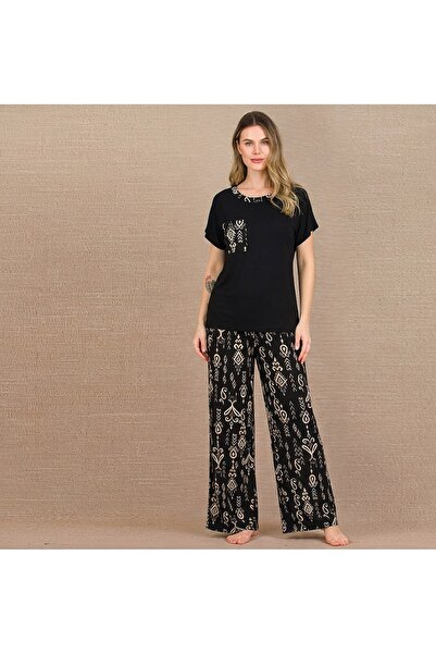 MOPİ Crew Neck Viscose Spanish Style Short Sleeve Stylish Pajama Set