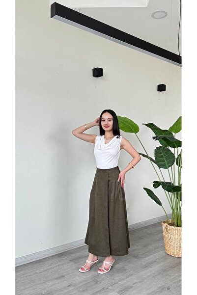 Famecoy Kadın yüksek bel pile detaylı etek pantolon culotte pantolon pnt00350