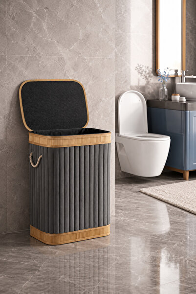NEWNOW VELORA Collection Bambu Kapaklı Kadife Çamaşır Sepeti 55x35x60 cm Katl...