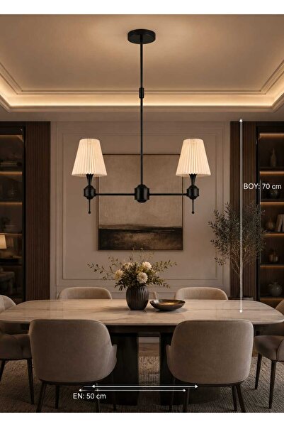 BSA LIGHTING DİLA 2'li SİYAH BOYALI MODERN AVİZE ( PİLİSELİ KONİK KREM ABAJURLU)