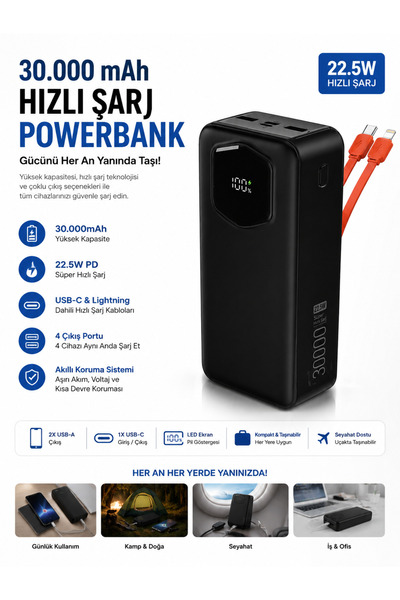 TUROVE 30.000 mAh 22.5W Süper Hızlı Şarj Powerbank | Dahili Type-C & Lightnin...