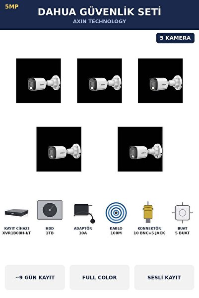 DAHUA 5 Kameralı 5MP Güvenlik Kamera Seti 5MP Full Color Sesli Bullet Dış Mek...