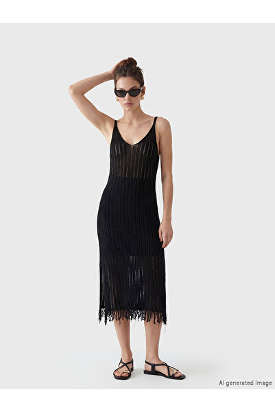 LC Waikiki Vizyon New Season V-Neck Openwork Fringed Beach Dress