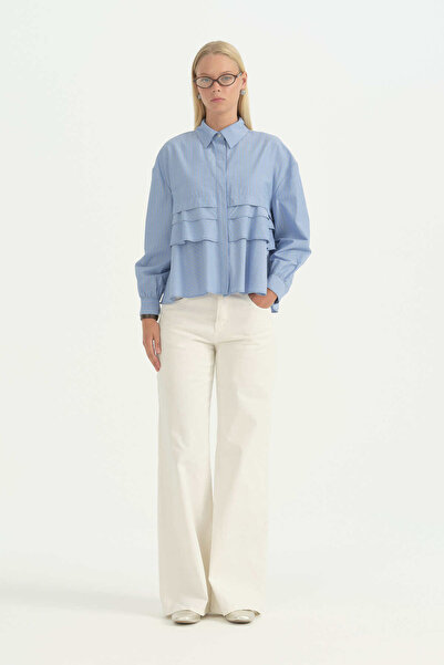 Nihan Multi-Layered Poplin Crop Cotton Shirt - Indigo