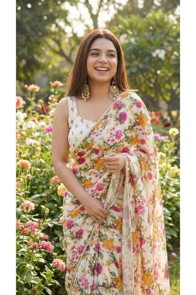 MYSMAR Beige Georgette Floral Print Saree - FFT8790 | Beige