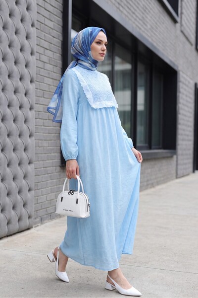Modamorfo Removable Lace Vest, Elastic Sleeves, Lined Wrinkled Dress - Baby Blue