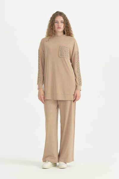 Nihan Brode Fabric Mixed Accessory Detailed Trousers Lyocell Set - Camel