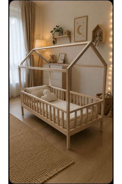 HMS PELET Masif Ahşap 90cm x 190cm Natural Çatılı Karyola & Ahşap Bebek Ve Ço...