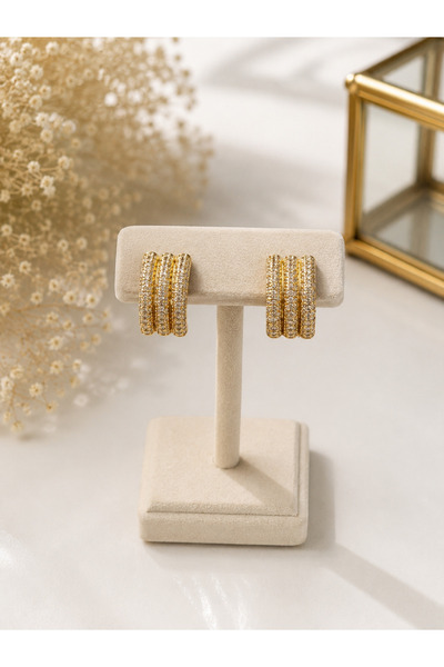 Lilith Takı 3 Row Zircon Stone Gold Hoop Earrings |   Sparkling Premium Women...