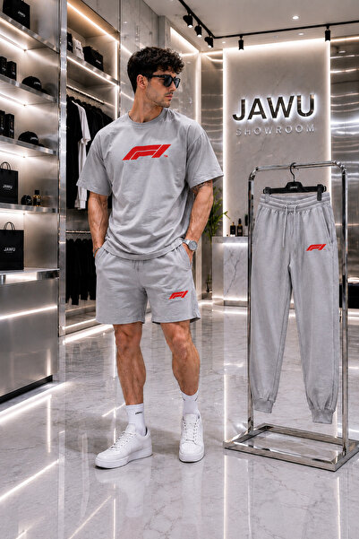 JAWÜ STYLE Fi̇ Printed Oversize Cotton Combination Set Tshirt-Shorts-Sweatpan...