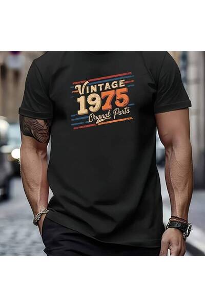 STITCHLY retro 1975 pattern printed T-shirt Men's new summer casual round nec...